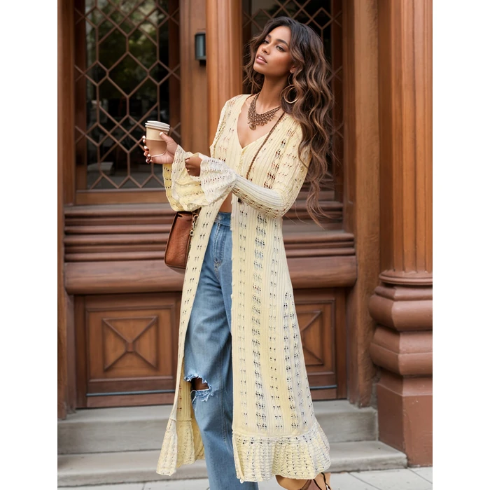 KWSTAIN Cream Lightweight Cardigans for Women 2025 Summer Autumn Trendy Elegant Bell Sleeve Flowy Crochet Knitted Thin Long Ruffle Hem Beige Maxi Dresses Knitwear (Beige,S) by KWSTAIN - Image 4