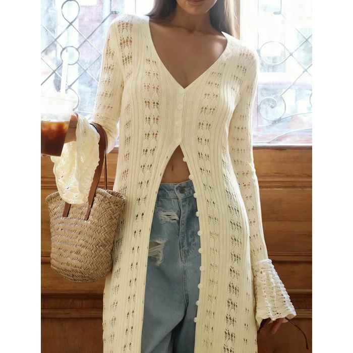 KWSTAIN Cream Lightweight Cardigans for Women 2025 Summer Autumn Trendy Elegant Bell Sleeve Flowy Crochet Knitted Thin Long Ruffle Hem Beige Maxi Dresses Knitwear (Beige,S) by KWSTAIN - Image 7