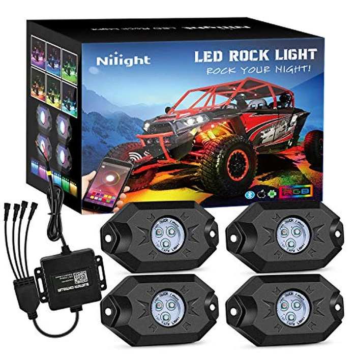 Nilight RGB LED Rock Lights Kit, 4 pods Underglow Multicolor Neon Light Pod with Bluetooth App Control Flashing Music Mode Wheel Well Light for Truck ATV UTV RZR SUV by Nilight - Used - Like New condition - US$31.50