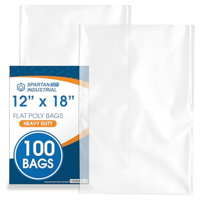 12" X 18" Open-End Flat Poly Bags (100 Count) - 2 Mil Plastic Clear Bags for Packaging, Shipping, Storage - No Adhesive Strip - Spartan Industrial by Spartan Industrial - Used - Like New condition - CA$28.51