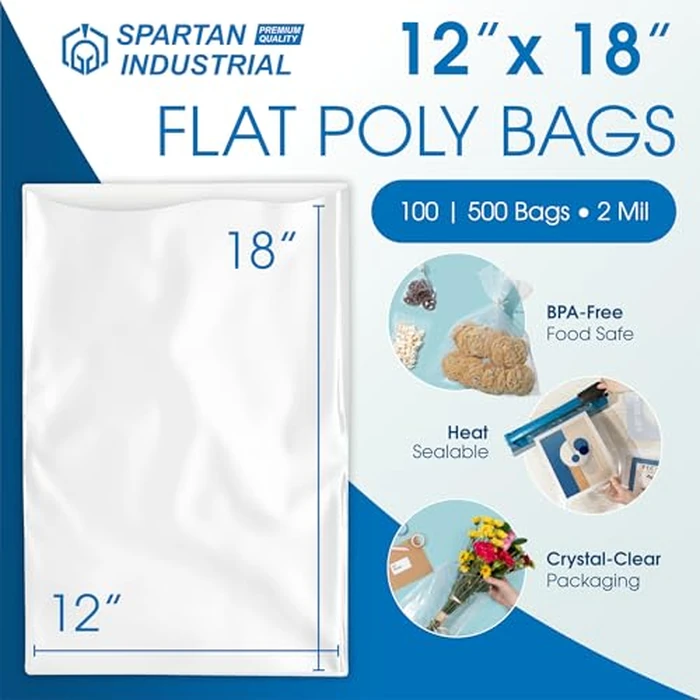 12" X 18" Open-End Flat Poly Bags (100 Count) - 2 Mil Plastic Clear Bags for Packaging, Shipping, Storage - No Adhesive Strip - Spartan Industrial by Spartan Industrial - Image 2