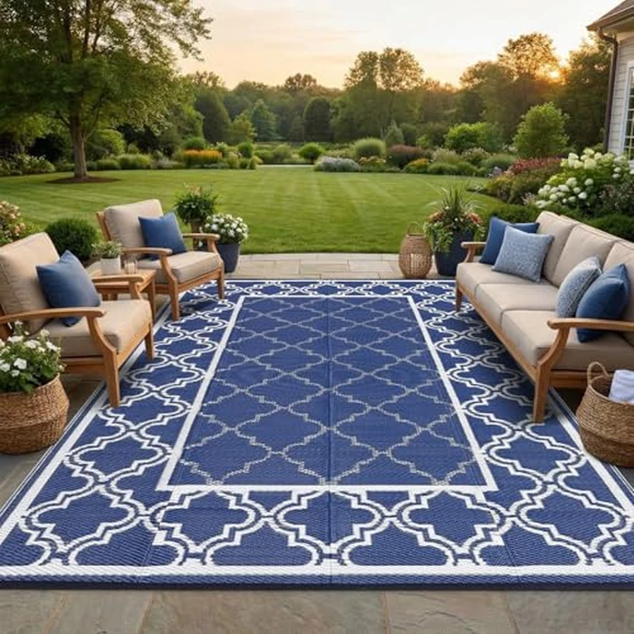 Garvee Modern Border 8x10 Outdoor Rug Geometric Reversible Plastic Straw Outdoor Rug for Patios Non-Shedding Indoor/Outdoor Carpet Foldable Portable Rug for Camping Balcony RV Deck Picnic, Blue White by Garvee - Image 1