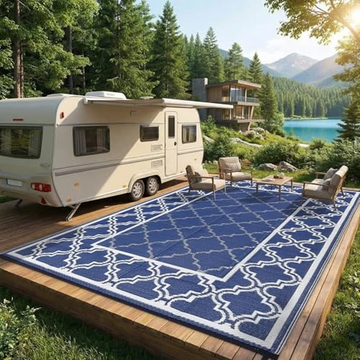 Garvee Modern Border 8x10 Outdoor Rug Geometric Reversible Plastic Straw Outdoor Rug for Patios Non-Shedding Indoor/Outdoor Carpet Foldable Portable Rug for Camping Balcony RV Deck Picnic, Blue White by Garvee - Image 2