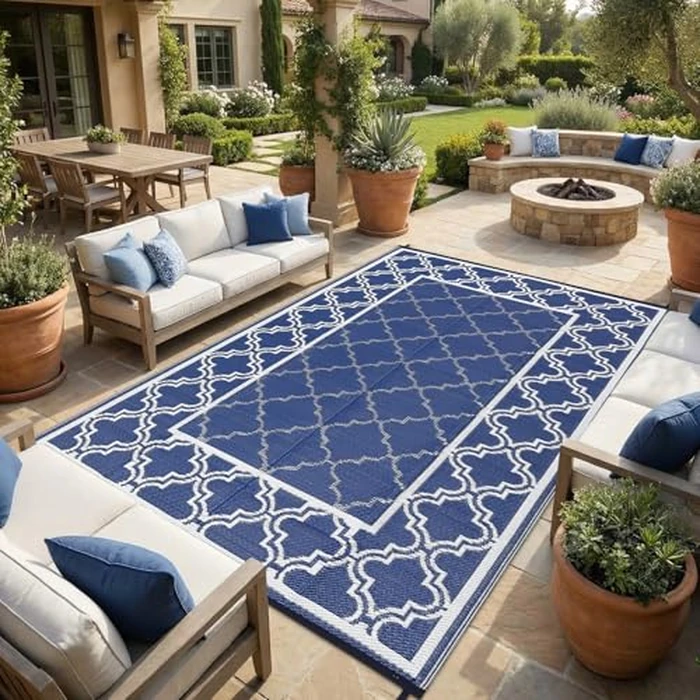 Garvee Modern Border 8x10 Outdoor Rug Geometric Reversible Plastic Straw Outdoor Rug for Patios Non-Shedding Indoor/Outdoor Carpet Foldable Portable Rug for Camping Balcony RV Deck Picnic, Blue White by Garvee - Image 3