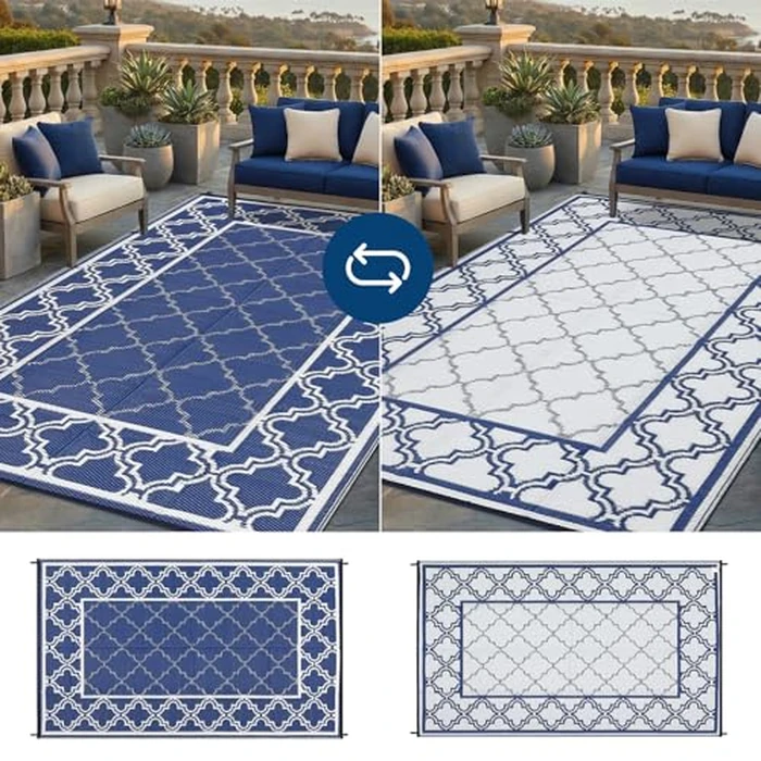 Garvee Modern Border 8x10 Outdoor Rug Geometric Reversible Plastic Straw Outdoor Rug for Patios Non-Shedding Indoor/Outdoor Carpet Foldable Portable Rug for Camping Balcony RV Deck Picnic, Blue White by Garvee - Image 5