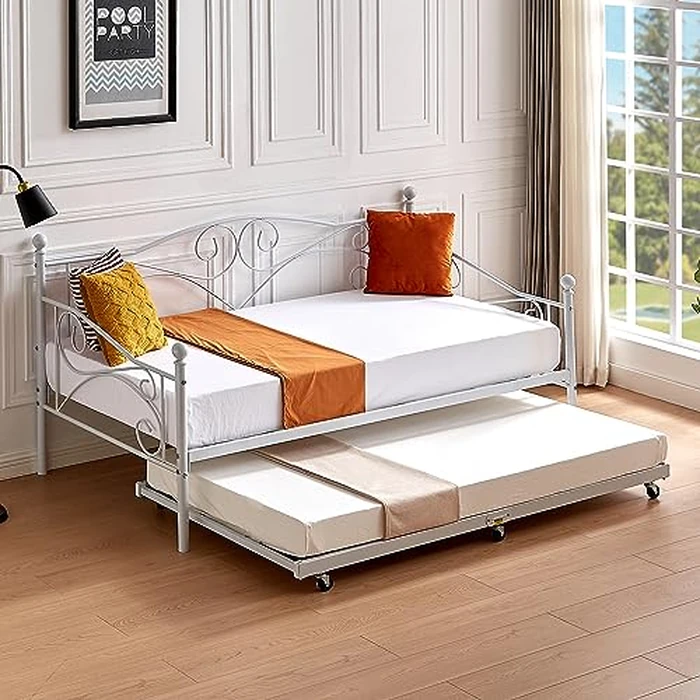 VECELO Twin Trundle Bed, Metal Daybed Frame, Mattress Foundation with Steel Slat Support t& Lockable Casters for Living Room, Guest Room by VECELO - Image 2