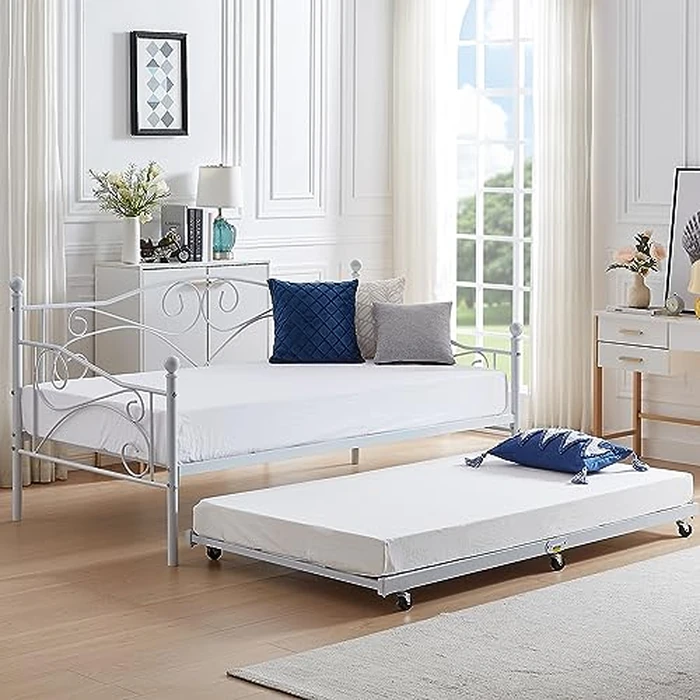 VECELO Twin Trundle Bed, Metal Daybed Frame, Mattress Foundation with Steel Slat Support t& Lockable Casters for Living Room, Guest Room by VECELO - Image 3