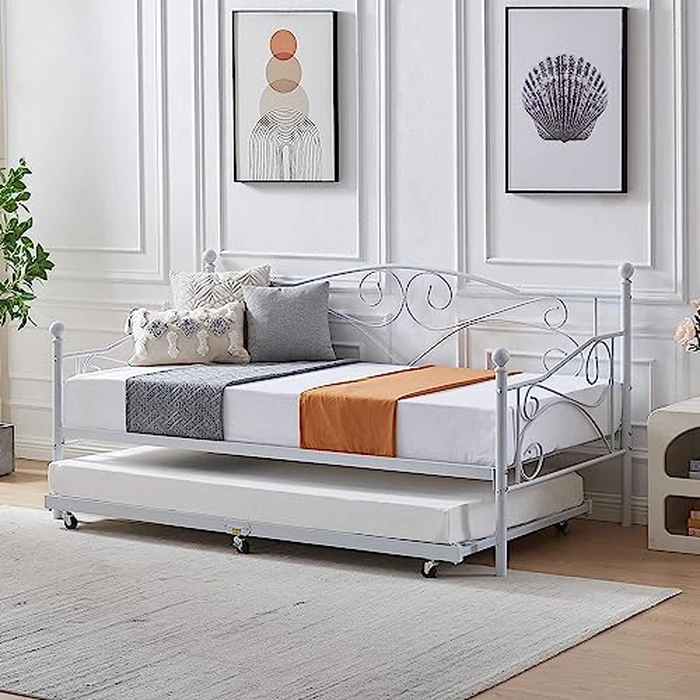 VECELO Twin Trundle Bed, Metal Daybed Frame, Mattress Foundation with Steel Slat Support t& Lockable Casters for Living Room, Guest Room by VECELO - Image 4