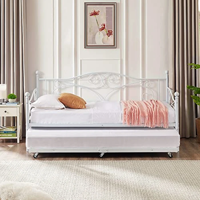 VECELO Twin Trundle Bed, Metal Daybed Frame, Mattress Foundation with Steel Slat Support t& Lockable Casters for Living Room, Guest Room by VECELO - Image 7