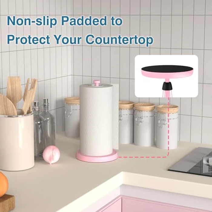 Pink Paper Towel Holder Countertop, Pink Kitchen Accessories Decor, Stainless Steel, Weighted Base, Paper Towel Roll Holder Stand with Ratchet Mechanism for Kitchen Bathroom Farmhouse Essentials by Swaitee - Image 4