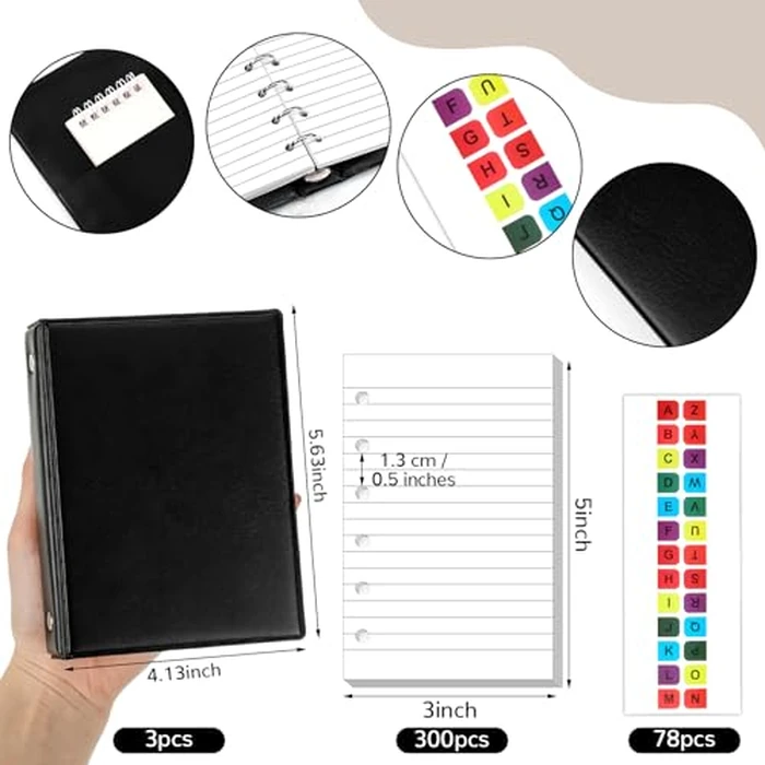 Engrowtic 3 Set Mini 6 Ring Binder 3 x 5 Inch 300 Paper Refill 78 Alphabet Dividers Small Index Tabs 3 Black PU Leather Binder Professional Ring Planner Notebook Kit(Lined) by Engrowtic - Image 2