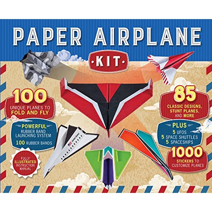 Paper Airplane Kit: 100 Planes to Fold & Fly, 1000 Stickers, Launcher & 100 Rubber Bands | Colorful Sheets | STEM Family Gift for Ages 7 and Up by Publications International, Ltd. - Used - Good condition
