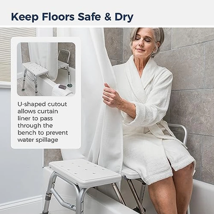 Drive Medical Splash Defense Tub Transfer Bench for Bathtub - U-Shaped Shower Curtain Guard - Adjustable Height - Reversible Design - 400 Lb Capacity - Safe Bathing Aid - White by Drive Medical - Image 3