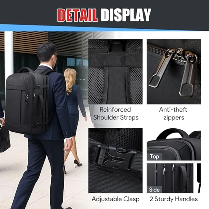 JARWAM Expandable Travel Backpack 50L-60L, Extra Large Carry on Backpack Hiking Camping Rucksack with Waterproof Wet Pocket, Anti-Theft 19 Inch Gaming Laptop Bag for Road Trip Outdoor Sports, Black by JARWAM - Image 4