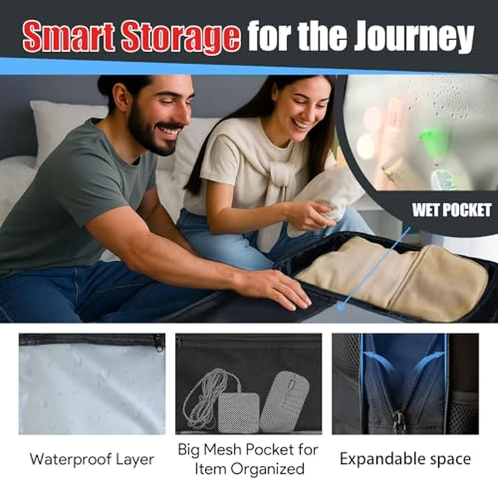 JARWAM Expandable Travel Backpack 50L-60L, Extra Large Carry on Backpack Hiking Camping Rucksack with Waterproof Wet Pocket, Anti-Theft 19 Inch Gaming Laptop Bag for Road Trip Outdoor Sports, Black by JARWAM - Image 6