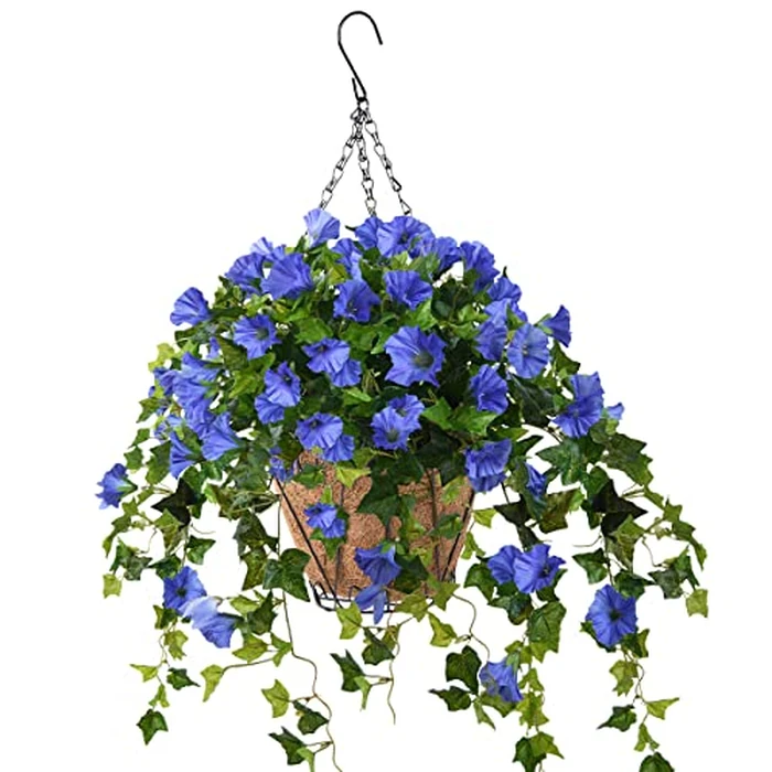 Homsunny Artificial Vine Silk Petunia Flowers, Fake Hanging Plant in Basket, Coconut Lining Pot Porch Decoration for Patio Lawn Garden Spring Summer Decor(Blue) by Homsunny - Used - Very Good condition - US$29.59