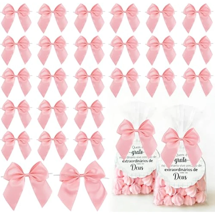 LiBongTa 24 PCS Pink Bows 5" Pre-Tied Twist Tie Bows Baby Pink Satin Ribbon Bow for Gift Wrapping Candy Treat Bags Crafts Baby Shower Birthday Party Favors Wedding Decor by LiBongTa - Image 1