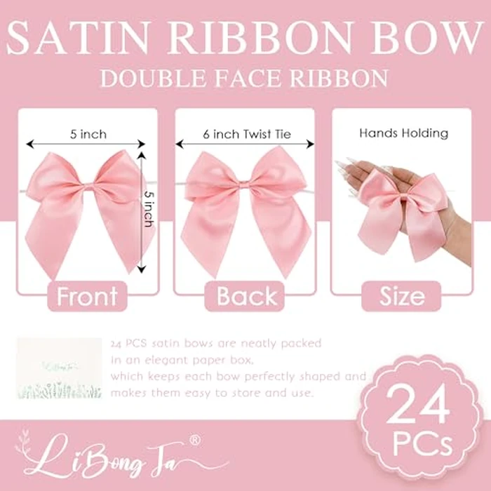 LiBongTa 24 PCS Pink Bows 5" Pre-Tied Twist Tie Bows Baby Pink Satin Ribbon Bow for Gift Wrapping Candy Treat Bags Crafts Baby Shower Birthday Party Favors Wedding Decor by LiBongTa - Image 2