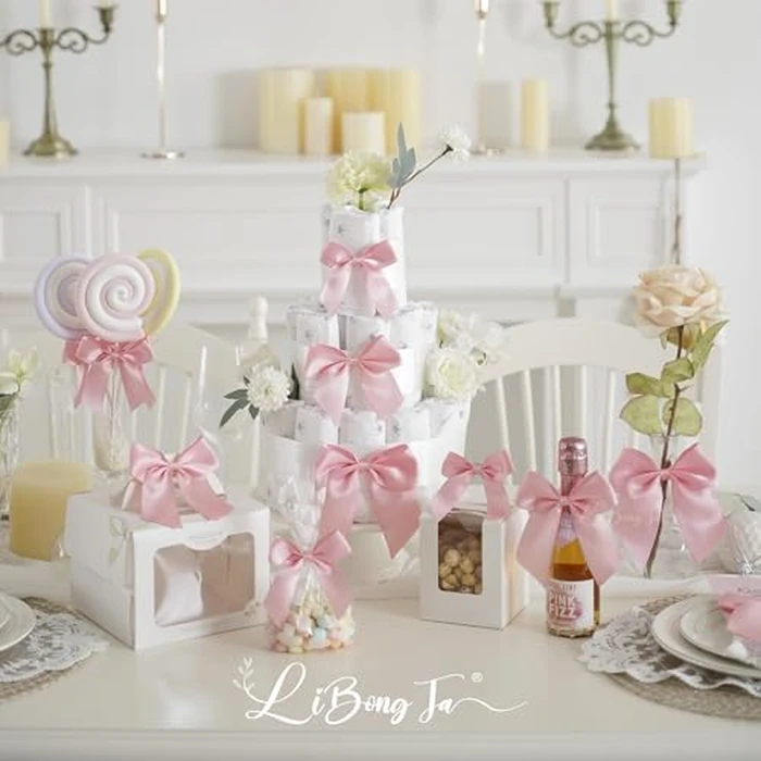 LiBongTa 24 PCS Pink Bows 5" Pre-Tied Twist Tie Bows Baby Pink Satin Ribbon Bow for Gift Wrapping Candy Treat Bags Crafts Baby Shower Birthday Party Favors Wedding Decor by LiBongTa - Image 3