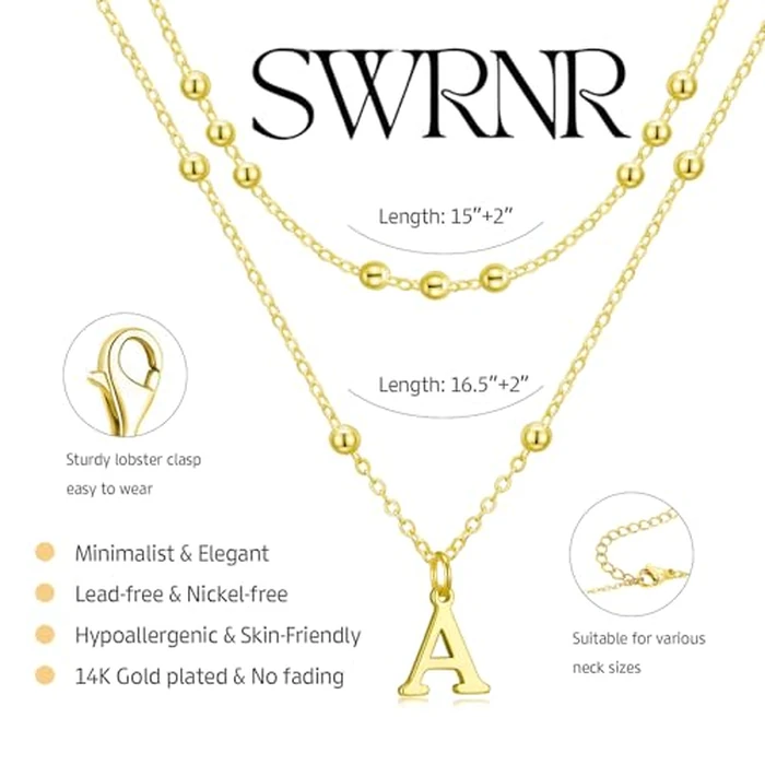 SWRNR Initial Necklaces for Women, Dainty 14K Gold Plated Layered A-Z Letter Pendant Necklace Trendy Cute Choker Name Charm Necklace Stack Personalized Jewelry Gift for Her Birthday Christmas Gift by SWRNR - Image 6