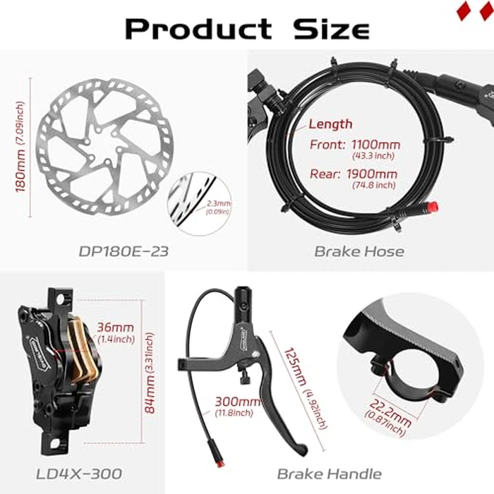 DYISLAND E-Bike Hydraulic Disc Brake Set 4-Pistons/2-Pistons,2-PIN/3-PIN Pre-Bled with Mineral Oil Brakes Kit,Front and Rear Set,180mm 2.3mm Thick Rotors(Black/4-Pistons/3-PIN/F1100mm-R1900mm) by DYISLAND - Image 4
