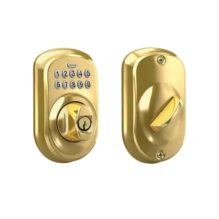 Schlage Plymouth Keypad Deadbolt, Electronic Keyless Entry Lock, Bright Brass, BE365 V PLY 505 by SCHLAGE - Used - Good condition - CA$115.11