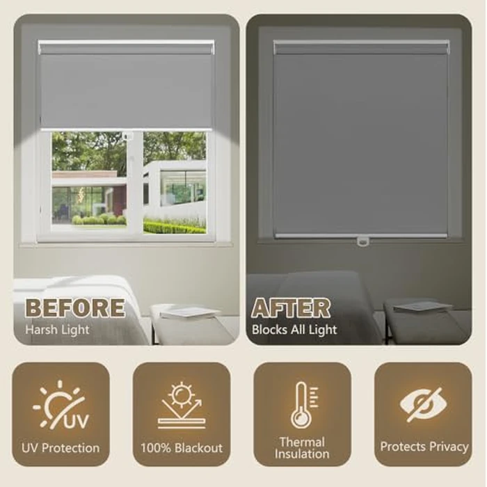 SEEYE Cordless Blackout Roller Shades Window Blinds Privacy Waterproof Thermal Insulated Fabric Curtain UV Protection for Home Kitchen Bathroom Bedrooms 26" W x 72" L(66W x 183H cm),Grey by SEEYE - Image 4