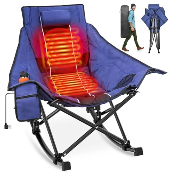 Suteck Heated Rocking Camping Chair, Fully Thicker Padded Heated Camping Chairs for Outdoor Sports W/3 Heat Levels for Back & Seat, Heated Rocking Chair for Adults with Carry Bag, Battery NOT Included by Suteck - Used - Very Good condition - US$58.24