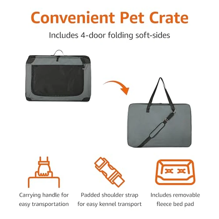Amazon Basics 4-Door Portable Folding Soft Dog Crate, Collapsible Travel Kennel for Cat, Dog, and Other Small Animals, Pop Up with Easy Transportation, Grey, M 30" x 21" x 21" by Amazon Basics - Image 3