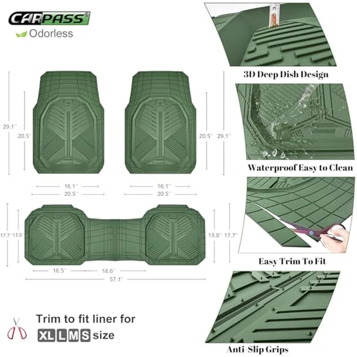 CAR PASS Heavy Duty Rubber Car Mats, Deepdish All Weather Floor Mats for Car Full Set, Universal Automotive Mats Trim to Fit for Sedans SUVs Trucks, Waterproof Anti-Slip Deep Tray 3 Pieces Olive Green by CAR PASS - Image 5
