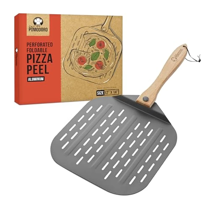 Chef Pomodoro Perforated Aluminum Metal Pizza Peel with Foldable Wood Handle for Easy Storage, Pizza Spatula, Premium Pizza Paddle with Holes for Baking Homemade Pizza and Artisan Breads (12x14 inch) by Chef Pomodoro - Image 1