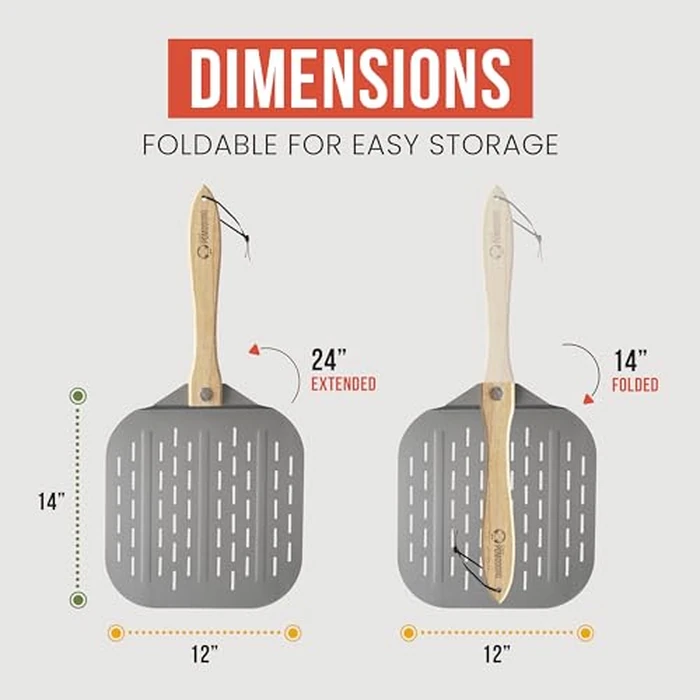 Chef Pomodoro Perforated Aluminum Metal Pizza Peel with Foldable Wood Handle for Easy Storage, Pizza Spatula, Premium Pizza Paddle with Holes for Baking Homemade Pizza and Artisan Breads (12x14 inch) by Chef Pomodoro - Image 2