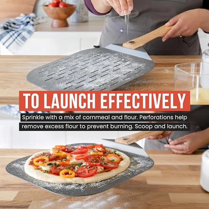 Chef Pomodoro Perforated Aluminum Metal Pizza Peel with Foldable Wood Handle for Easy Storage, Pizza Spatula, Premium Pizza Paddle with Holes for Baking Homemade Pizza and Artisan Breads (12x14 inch) by Chef Pomodoro - Image 4