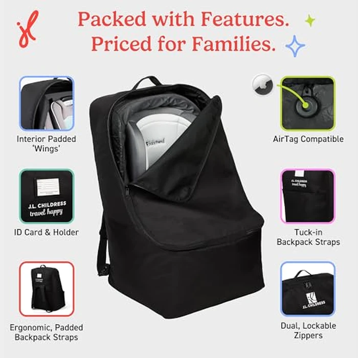 J.L. Childress Padded Backpack Car Seat Bag - Car Seat Travel Bag for Airplane, Fits Most Baby & Infant Carriers & Bootsters, Accessories for Gate or Baggage Check, AirTag Compatible - Deluxe, Black by J.L. Childress - Image 4