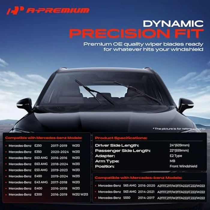 A-Premium 24"+22" Windshield Wiper Blades Compatible with Mercedes-Benz (E250, E350, E63 AMG, E53 AMG, E450, E43 AMG, E400, E300) Sedan, S550 & More- MB Connector, w/Wear Indicator & Towel, Pack of 2 by A-Premium - Image 2