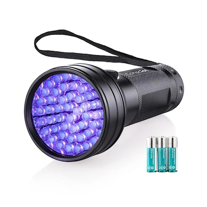 UV Flashlight Black Light, Consciot 51 LED 395nm Ultraviolet Blacklight, Portable Torch Light Pet Urine Detector for Dog/Cat Urine, Dry Stains, Bed Bug, Resin Curing, Matching with Pet Odor Eliminator by Consciot - Used - Like New condition - US$9.41