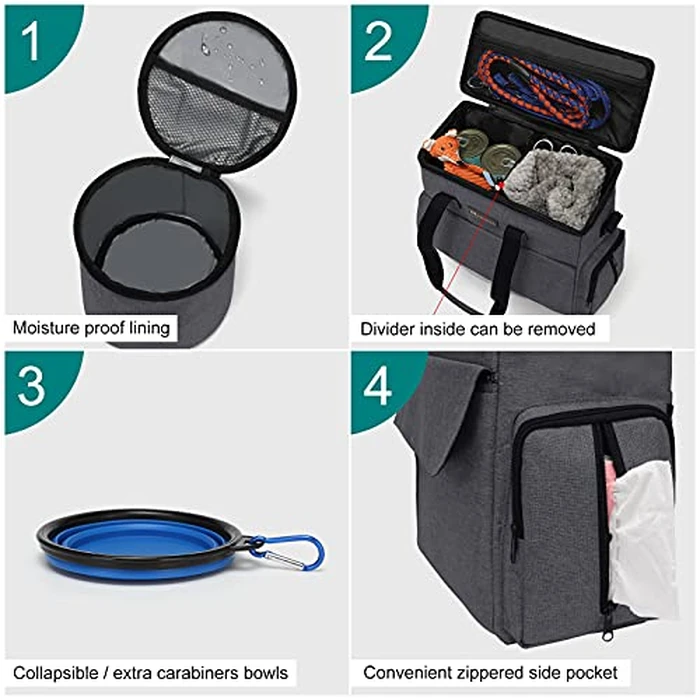 Modoker Airline Approved Pet Travel Bag, Weekend Dog Travel Set for Dog and Cat, Airline Approved Tote Organizer with Multi-Function Pockets 2 Food Storage Containers, 2 Collapsible Bowls (Dark Gray) by Modoker - Image 3