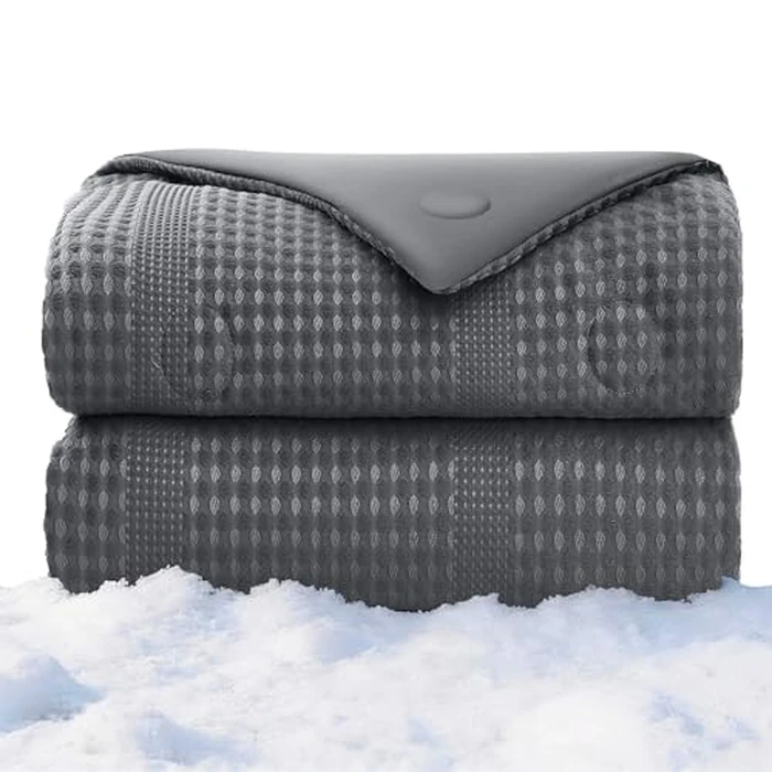 bedsmile Waffle Weave Cooling Comforter Queen Size, Q-Max 0.45 Reversible Cooling Blanket for Hot Sleepers, Breathable Lightweight Silk Smooth Summer Bedding, Quilted Ice Blanket, Dark Gray by bedsmile - Used - Like New condition - US$71.24