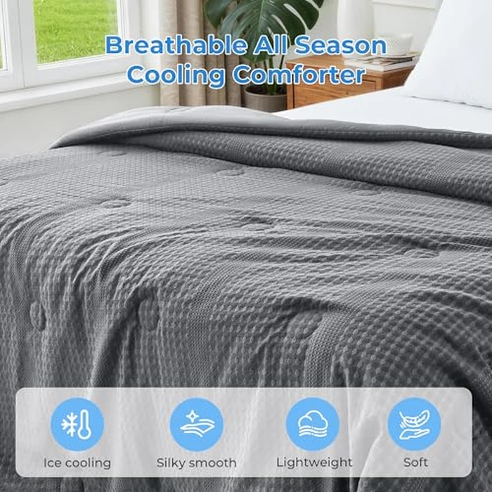 bedsmile Waffle Weave Cooling Comforter Queen Size, Q-Max 0.45 Reversible Cooling Blanket for Hot Sleepers, Breathable Lightweight Silk Smooth Summer Bedding, Quilted Ice Blanket, Dark Gray by bedsmile - Image 5