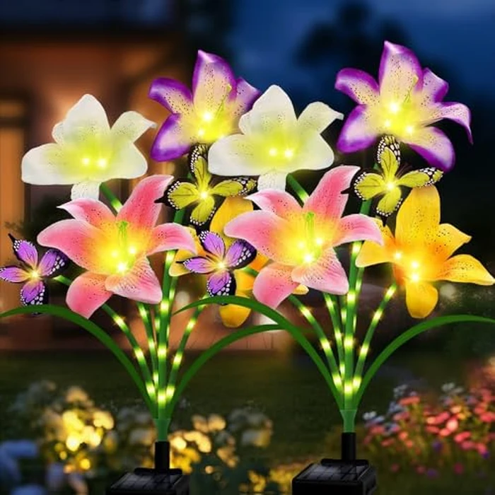 Solar Lights Outdoor, Gift for Women Mom Grandma, 2 Pack with 8 Solar Lily Flower Lights and Butterfly Decor, Solar Flower Lights Waterproof, Outside Decor Stake Light for Landscape Yard Patio Lawn by yulloyello - Used - Like New condition