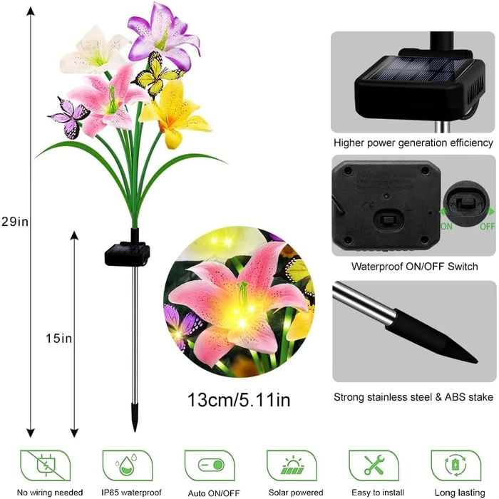 Solar Lights Outdoor, Gift for Women Mom Grandma, 2 Pack with 8 Solar Lily Flower Lights and Butterfly Decor, Solar Flower Lights Waterproof, Outside Decor Stake Light for Landscape Yard Patio Lawn by yulloyello - Image 2