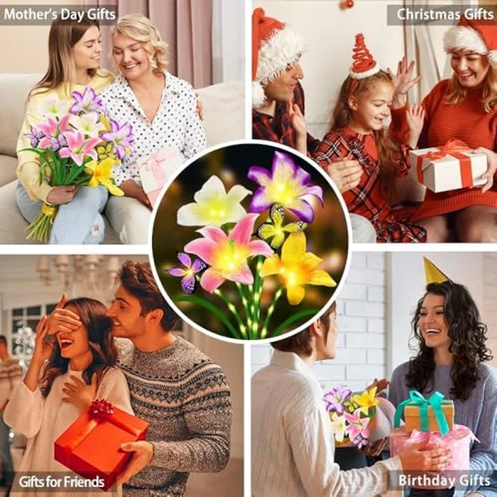 Solar Lights Outdoor, Gift for Women Mom Grandma, 2 Pack with 8 Solar Lily Flower Lights and Butterfly Decor, Solar Flower Lights Waterproof, Outside Decor Stake Light for Landscape Yard Patio Lawn by yulloyello - Image 3