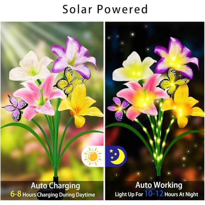 Solar Lights Outdoor, Gift for Women Mom Grandma, 2 Pack with 8 Solar Lily Flower Lights and Butterfly Decor, Solar Flower Lights Waterproof, Outside Decor Stake Light for Landscape Yard Patio Lawn by yulloyello - Image 4