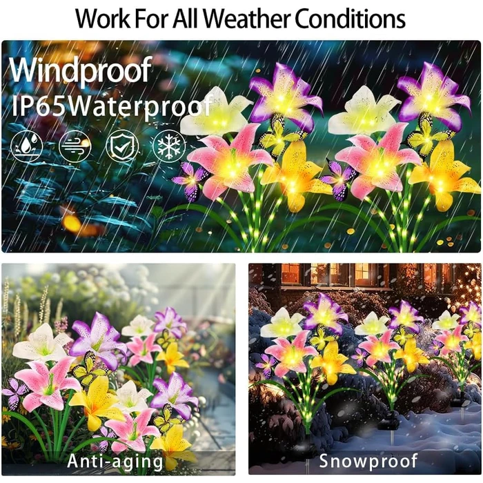 Solar Lights Outdoor, Gift for Women Mom Grandma, 2 Pack with 8 Solar Lily Flower Lights and Butterfly Decor, Solar Flower Lights Waterproof, Outside Decor Stake Light for Landscape Yard Patio Lawn by yulloyello - Image 5