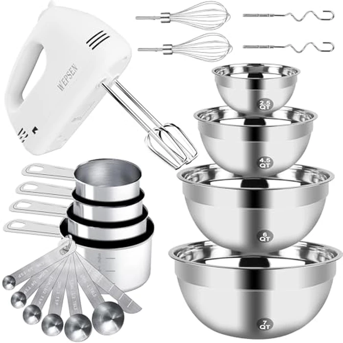 WEPSEN Hand Mixer Electric Mixing Bowls Set, 5 Speeds Handheld Mixer with 4 Nesting Stainless Steel Mixing Bowl, Measuring Cups Spoons 200W Kitchen Blender Whisk Beater Baking Supplies For Beginner by WEPSEN - Image 1