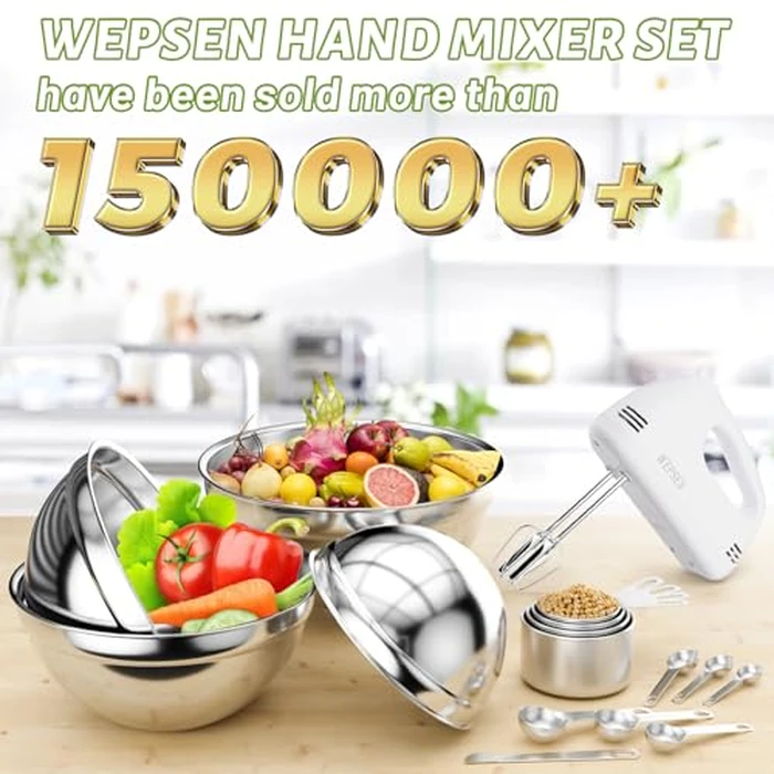 WEPSEN Hand Mixer Electric Mixing Bowls Set, 5 Speeds Handheld Mixer with 4 Nesting Stainless Steel Mixing Bowl, Measuring Cups Spoons 200W Kitchen Blender Whisk Beater Baking Supplies For Beginner by WEPSEN - Image 2