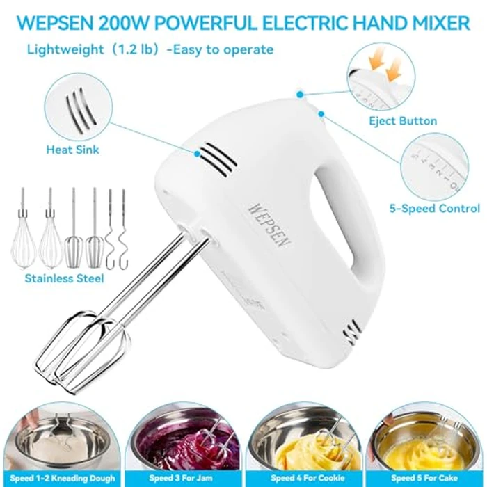 WEPSEN Hand Mixer Electric Mixing Bowls Set, 5 Speeds Handheld Mixer with 4 Nesting Stainless Steel Mixing Bowl, Measuring Cups Spoons 200W Kitchen Blender Whisk Beater Baking Supplies For Beginner by WEPSEN - Image 3