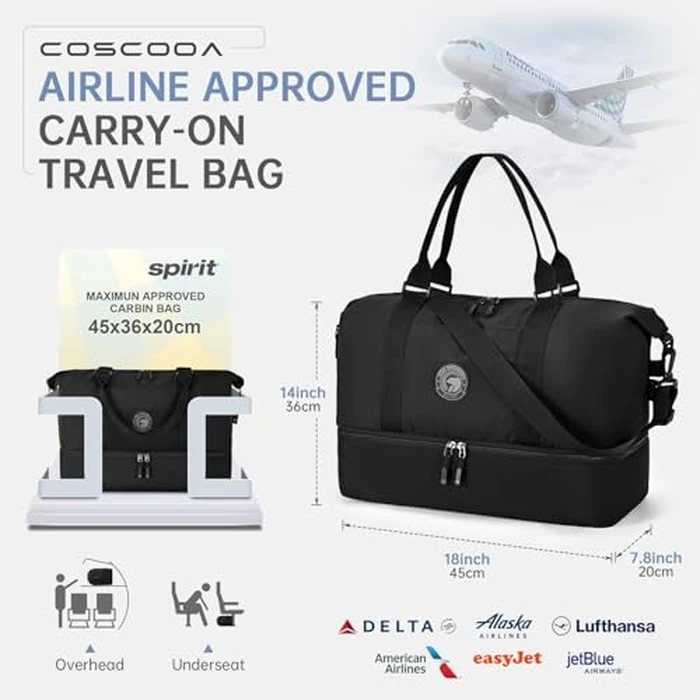 COSCOOA Travel Duffel Bag for Spirit Frontier Airlines Personal Item Bag 18x14x8 with Shoe Compartment Tote Carry on Luggage 32L Weekender Overnight for Women Men Black by COSCOOA - Image 3
