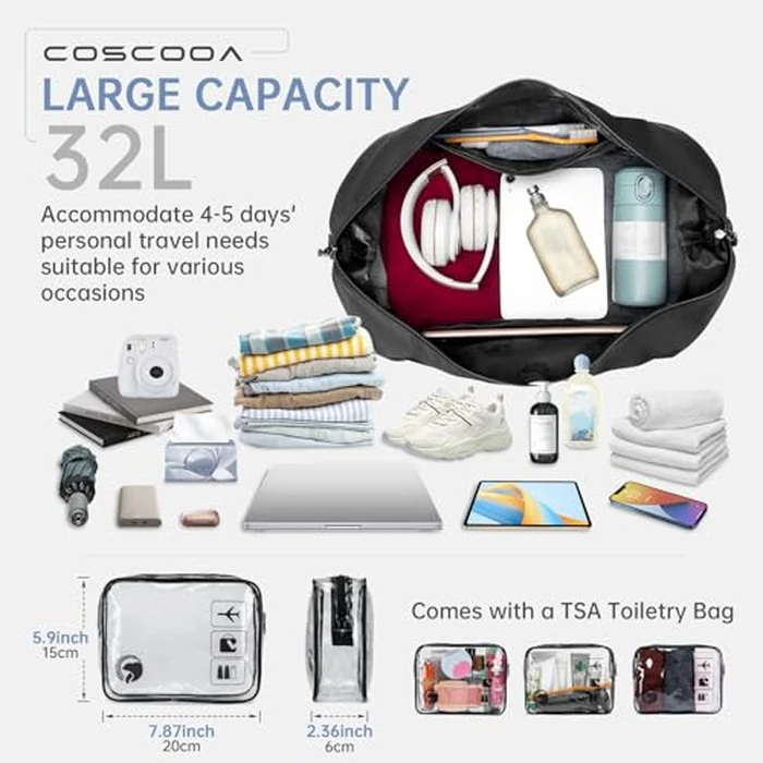 COSCOOA Travel Duffel Bag for Spirit Frontier Airlines Personal Item Bag 18x14x8 with Shoe Compartment Tote Carry on Luggage 32L Weekender Overnight for Women Men Black by COSCOOA - Image 4