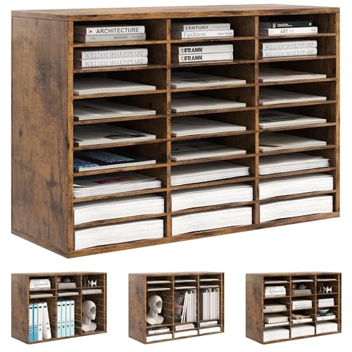 Alpeir Mail Organizer Countertop, 27 Compartments Wooden Adjustable Desk Paper Organizer, Space Saving Document Holder for Office Classroom, Rustic Brown by Alpeir - Image 1